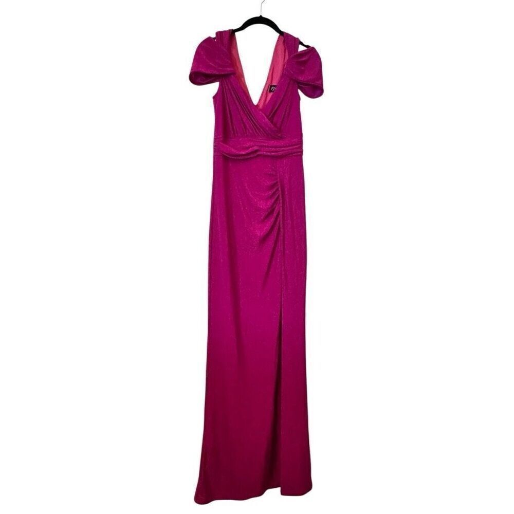 NWT Vfshow Cold Shoulder Ruched Silver Metallic Pink Maxi Dress Small